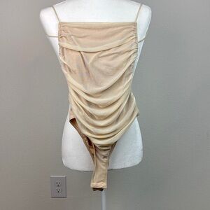 SHEIN sheer cream mesh / solid cream ruched draped thong bodysuit strappy back